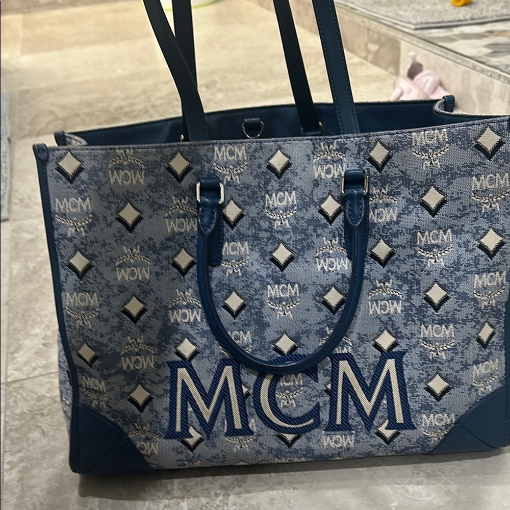 MCM Blue Studded Monogram Tote